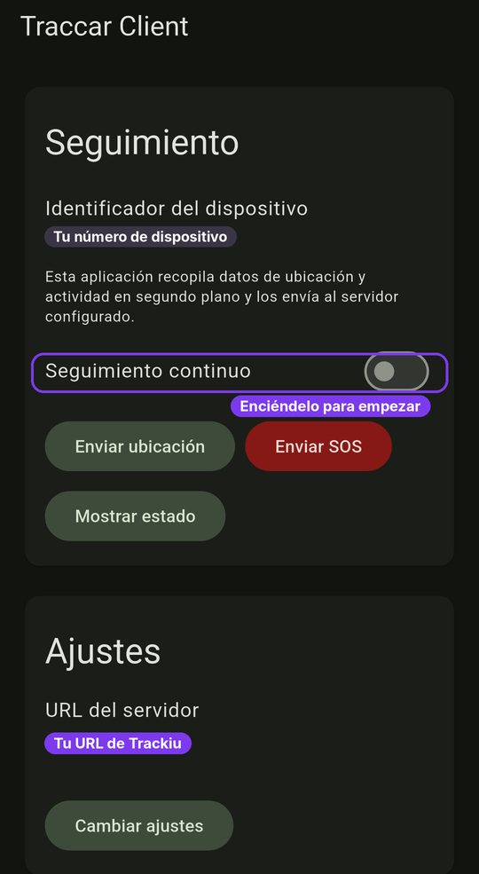 Pantalla principal de Traccar Client con el interruptor de seguimiento